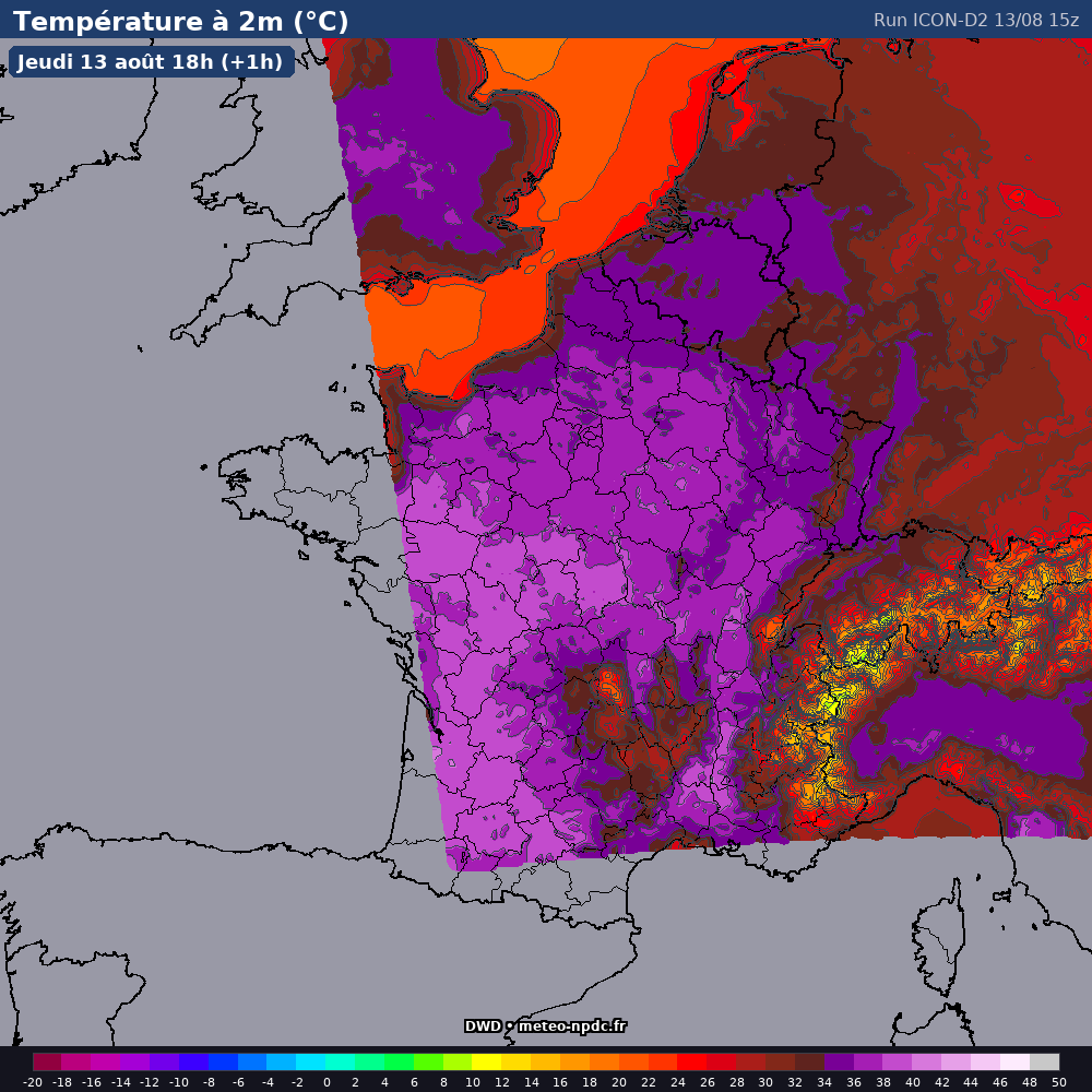 Carte de prévision météo du modèle ICON-D2 (2.5 km) - Température, précipitations, vent - DWD