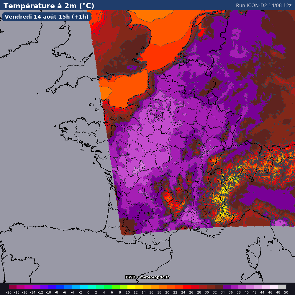 Carte de prévision météo du modèle ICON-D2 (2.5 km) - Température, précipitations, vent - DWD