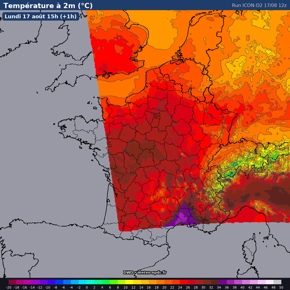 Carte de prévision météo du modèle ICON-D2 (2.5 km) - Température, précipitations, vent - DWD