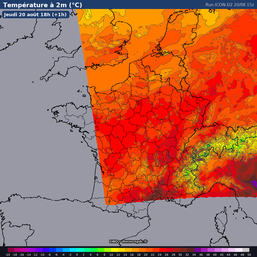 Carte de prévision météo du modèle ICON-D2 (2.5 km) - Température, précipitations, vent - DWD