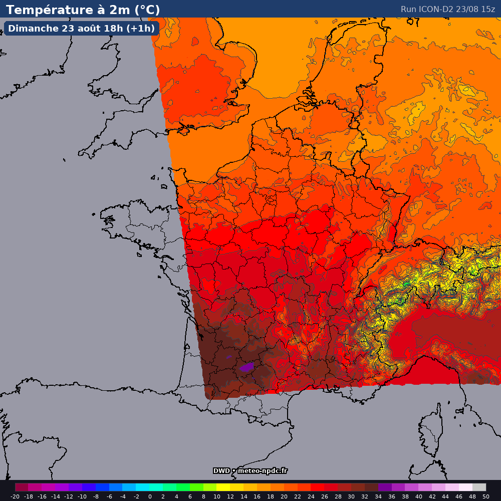 Carte de prévision météo du modèle ICON-D2 (2.5 km) - Température, précipitations, vent - DWD