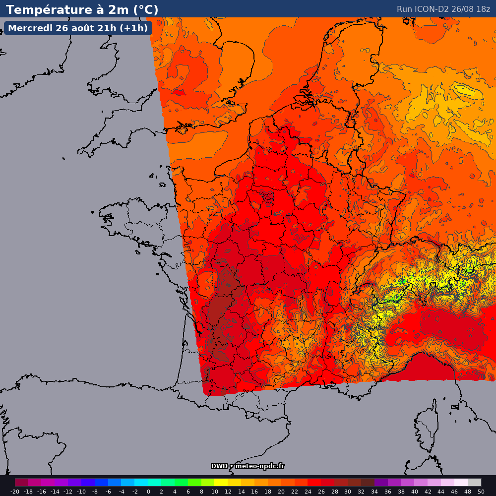 Carte de prévision météo du modèle ICON-D2 (2.5 km) - Température, précipitations, vent - DWD