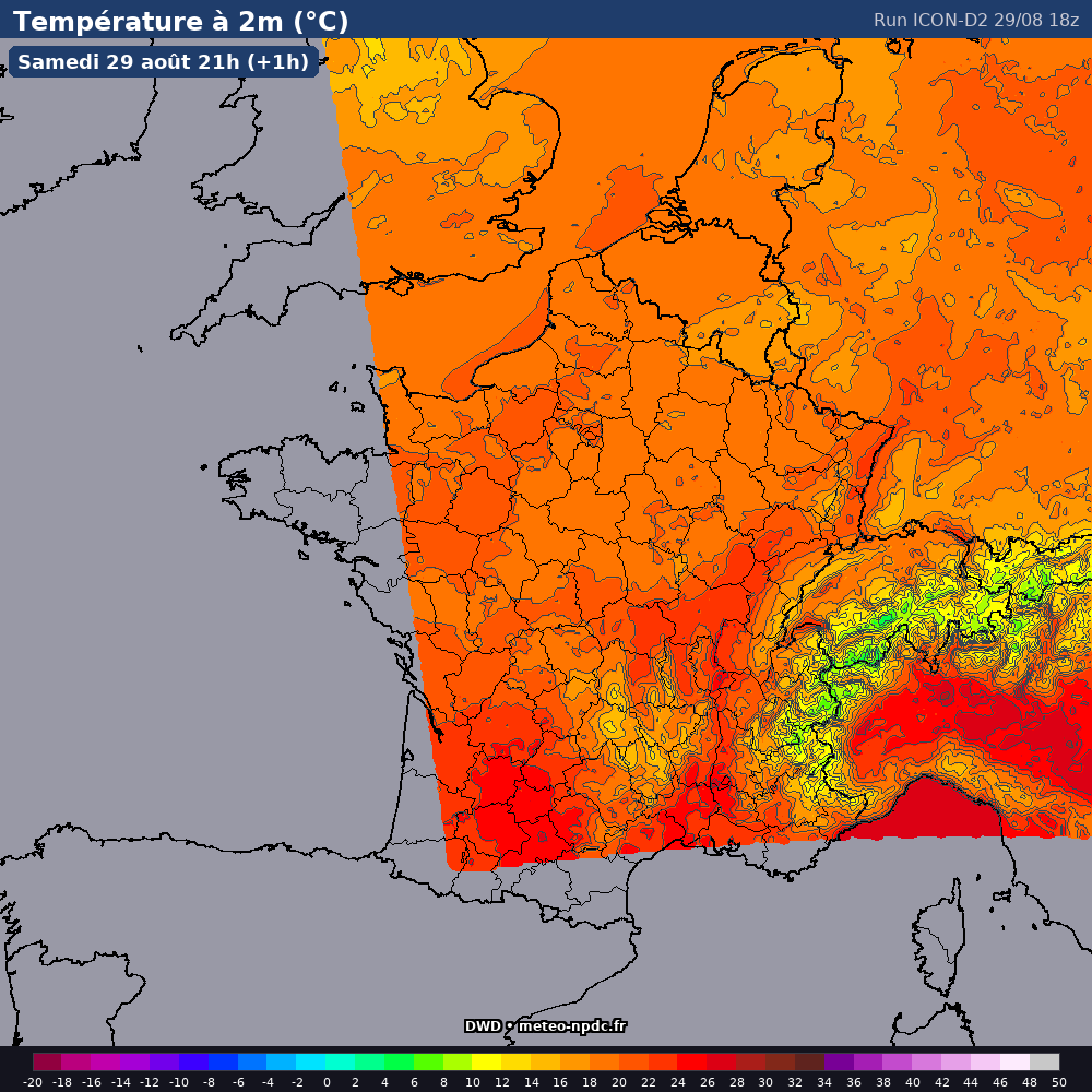Carte de prévision météo du modèle ICON-D2 (2.5 km) - Température, précipitations, vent - DWD