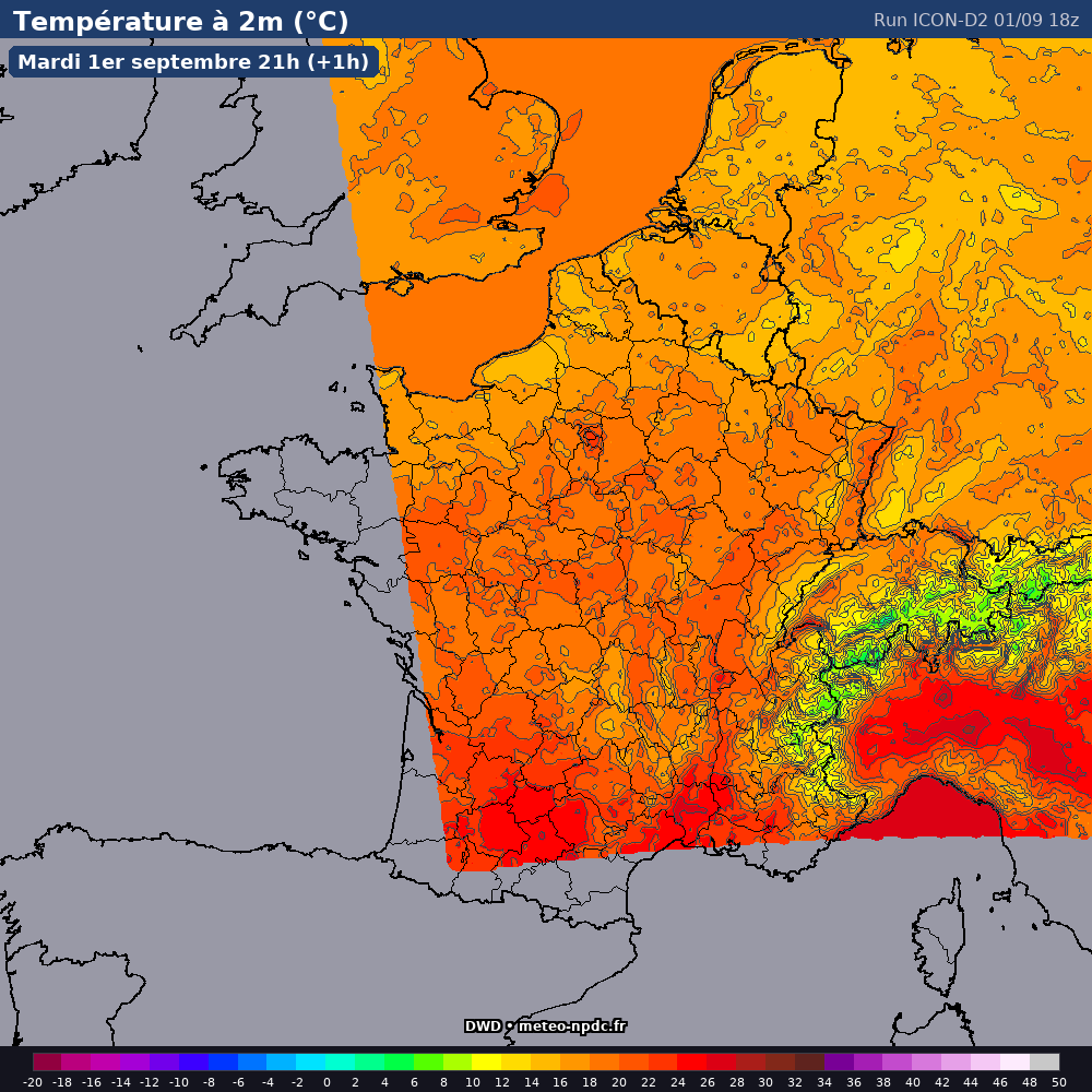 Carte de prévision météo du modèle ICON-D2 (2.5 km) - Température, précipitations, vent - DWD