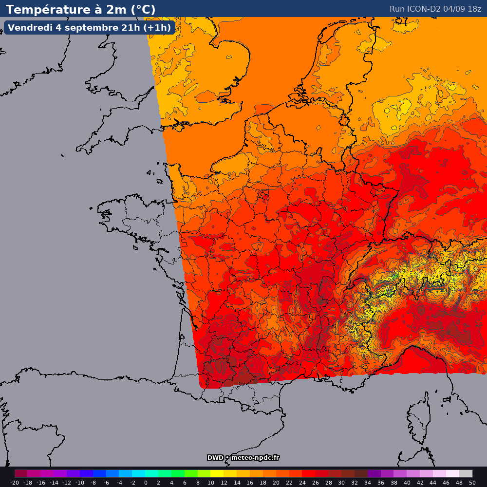 Carte de prévision météo du modèle ICON-D2 (2.5 km) - Température, précipitations, vent - DWD