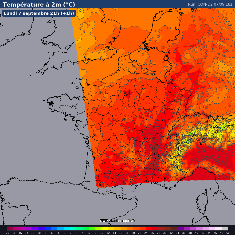 Carte de prévision météo du modèle ICON-D2 (2.5 km) - Température, précipitations, vent - DWD
