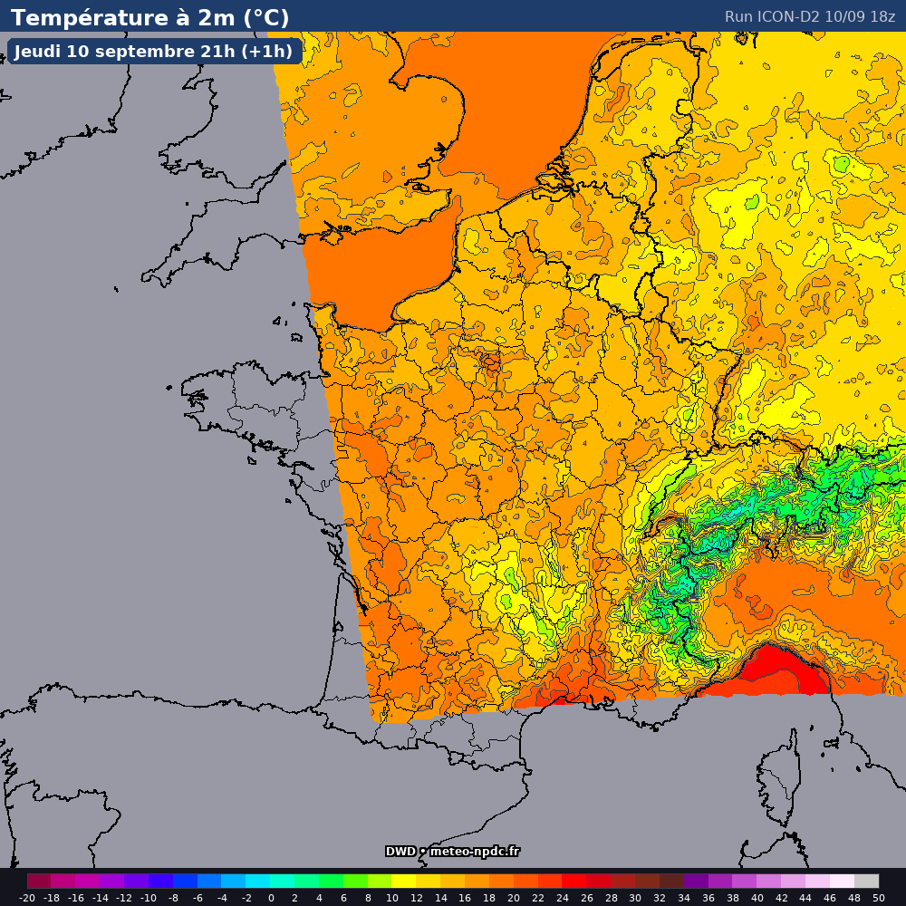 Carte de prévision météo du modèle ICON-D2 (2.5 km) - Température, précipitations, vent - DWD