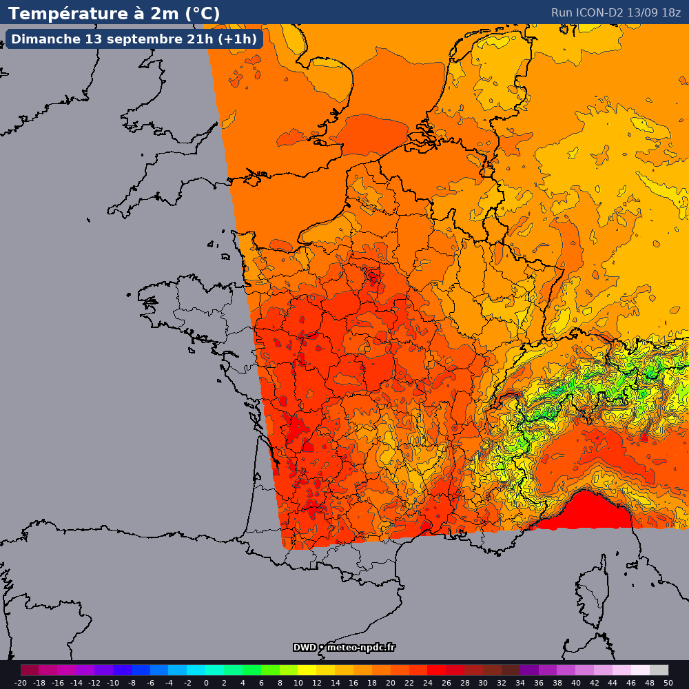 Carte de prévision météo du modèle ICON-D2 (2.5 km) - Température, précipitations, vent - DWD