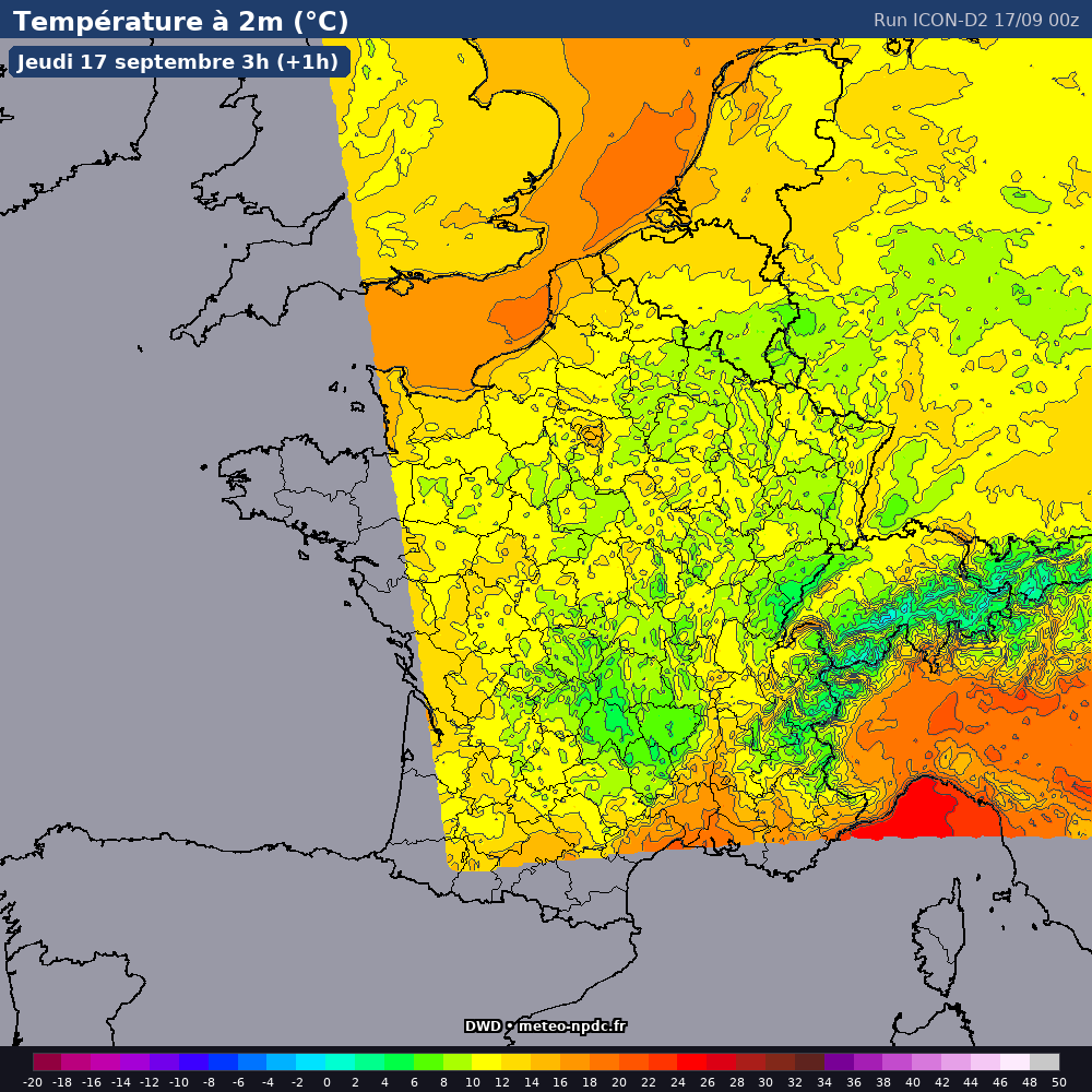 Carte de prévision météo du modèle ICON-D2 (2.5 km) - Température, précipitations, vent - DWD