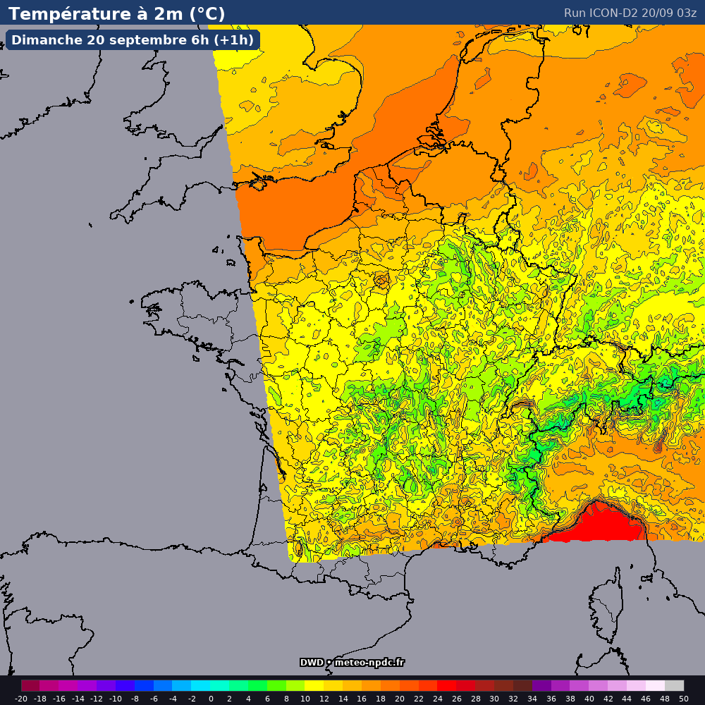 Carte de prévision météo du modèle ICON-D2 (2.5 km) - Température, précipitations, vent - DWD