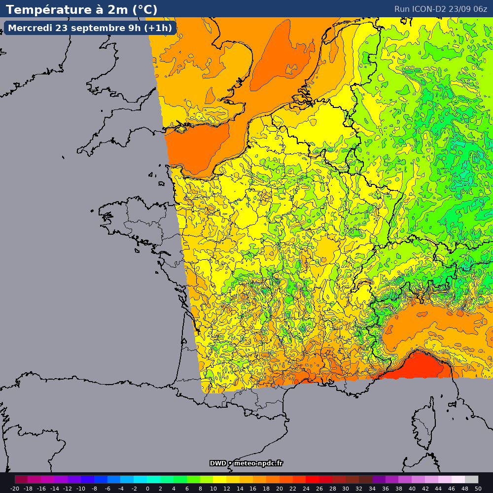 Carte de prévision météo du modèle ICON-D2 (2.5 km) - Température, précipitations, vent - DWD