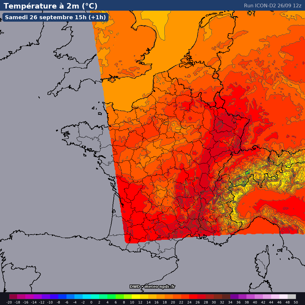 Carte de prévision météo du modèle ICON-D2 (2.5 km) - Température, précipitations, vent - DWD