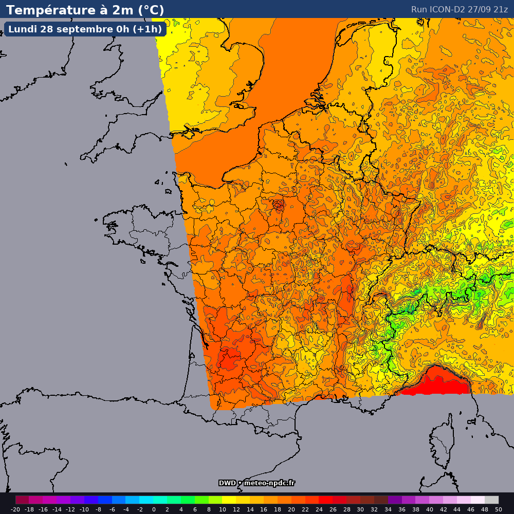 Carte de prévision météo du modèle ICON-D2 (2.5 km) - Température, précipitations, vent - DWD