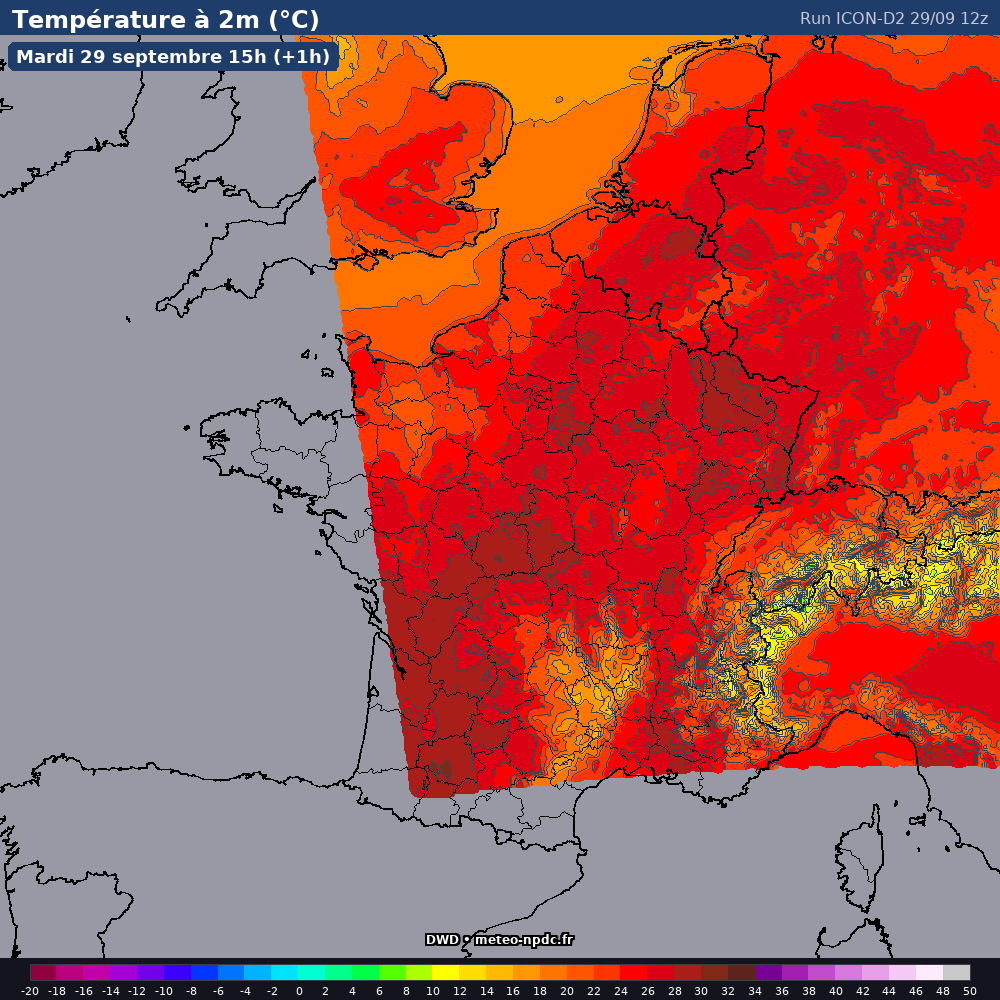 Carte de prévision météo du modèle ICON-D2 (2.5 km) - Température, précipitations, vent - DWD