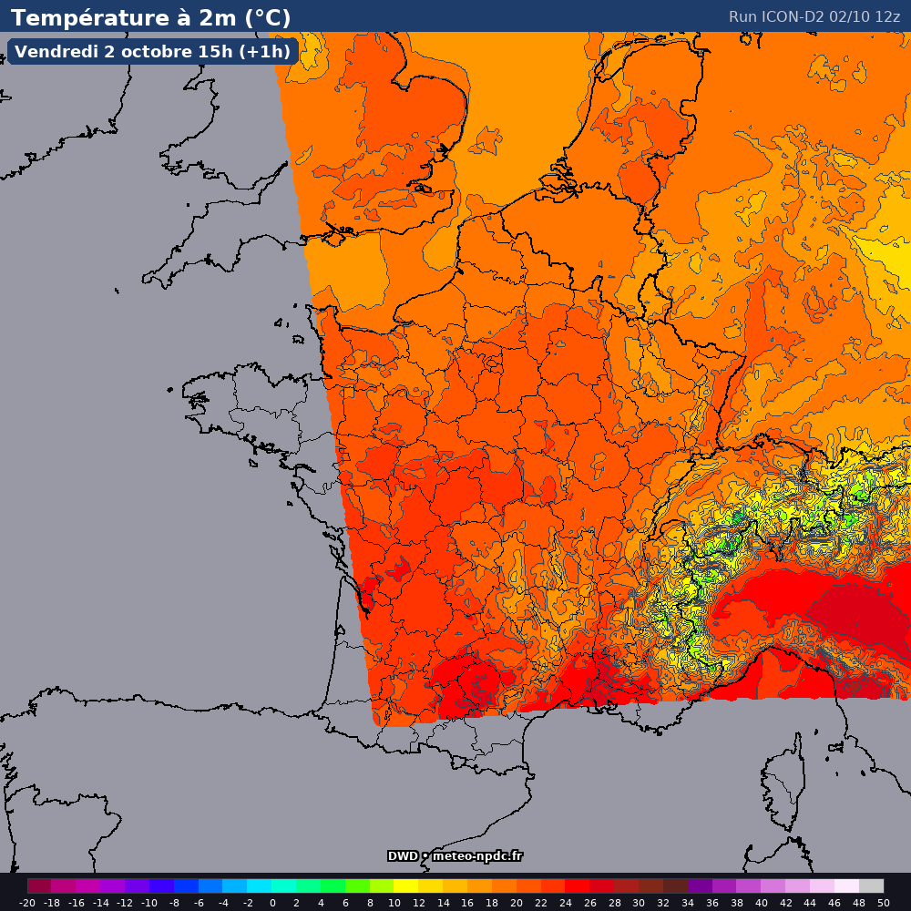 Carte de prévision météo du modèle ICON-D2 (2.5 km) - Température, précipitations, vent - DWD