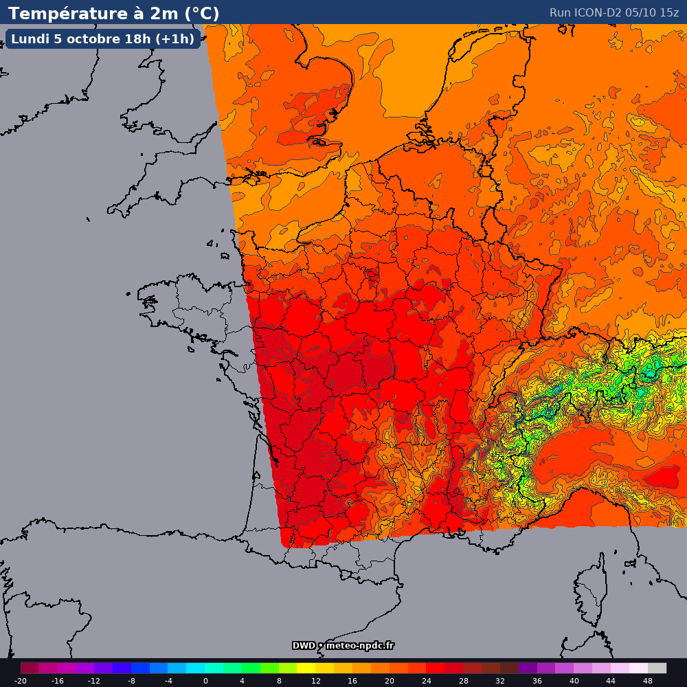 Carte de prévision météo du modèle ICON-D2 (2.5 km) - Température, précipitations, vent - DWD