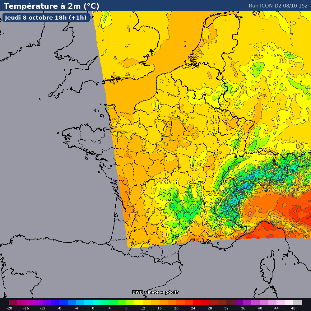 Carte de prévision météo du modèle ICON-D2 (2.5 km) - Température, précipitations, vent - DWD