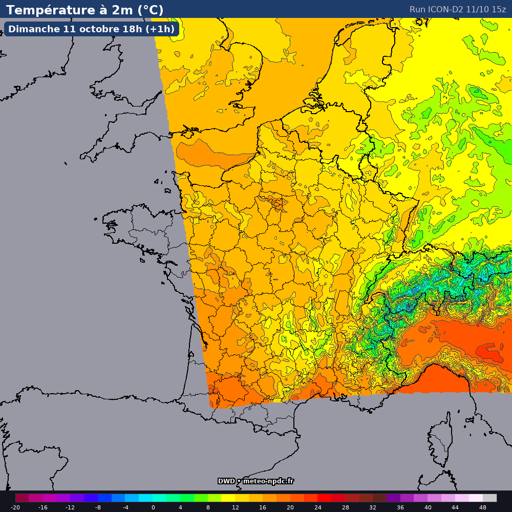 Carte de prévision météo du modèle ICON-D2 (2.5 km) - Température, précipitations, vent - DWD