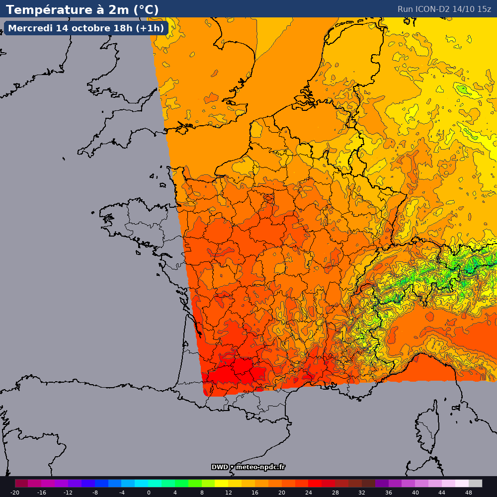Carte de prévision météo du modèle ICON-D2 (2.5 km) - Température, précipitations, vent - DWD