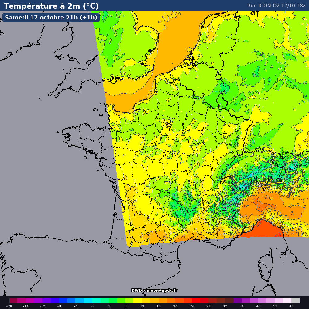 Carte de prévision météo du modèle ICON-D2 (2.5 km) - Température, précipitations, vent - DWD