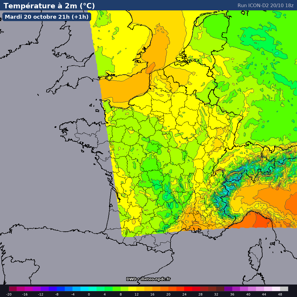 Carte de prévision météo du modèle ICON-D2 (2.5 km) - Température, précipitations, vent - DWD