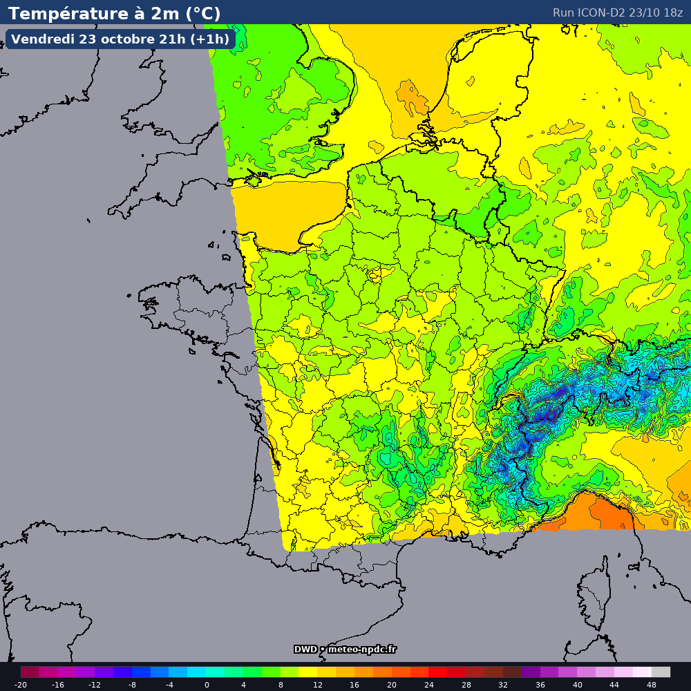 Carte de prévision météo du modèle ICON-D2 (2.5 km) - Température, précipitations, vent - DWD