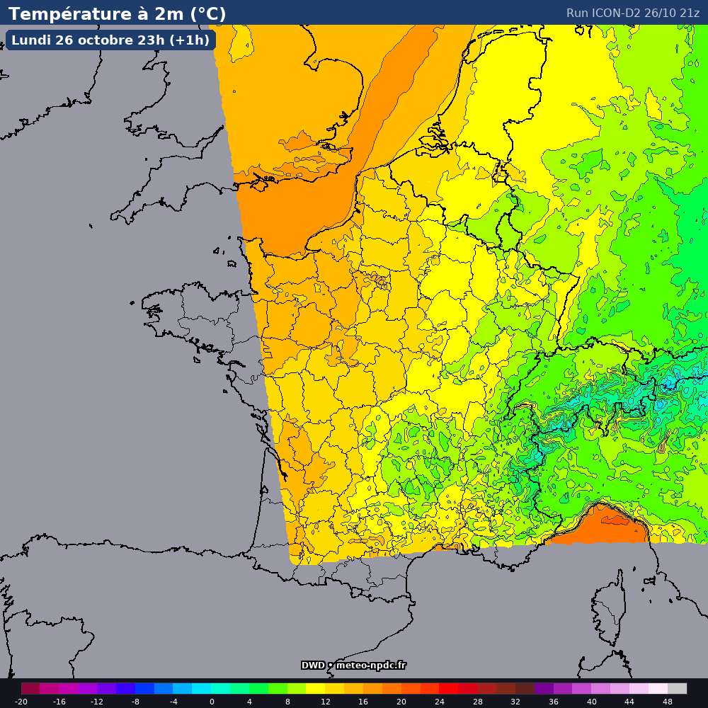 Carte de prévision météo du modèle ICON-D2 (2.5 km) - Température, précipitations, vent - DWD