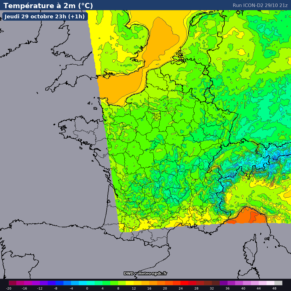Carte de prévision météo du modèle ICON-D2 (2.5 km) - Température, précipitations, vent - DWD