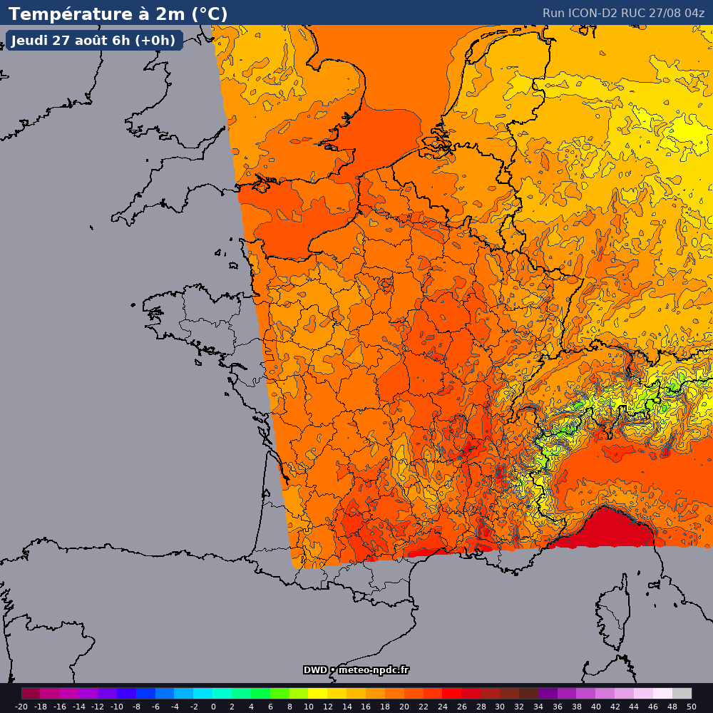 Carte de prévision météo du modèle ICON D2 Rapid Update Cycle (RUC) (2.5 km) - Température, précipitations, vent - DWD