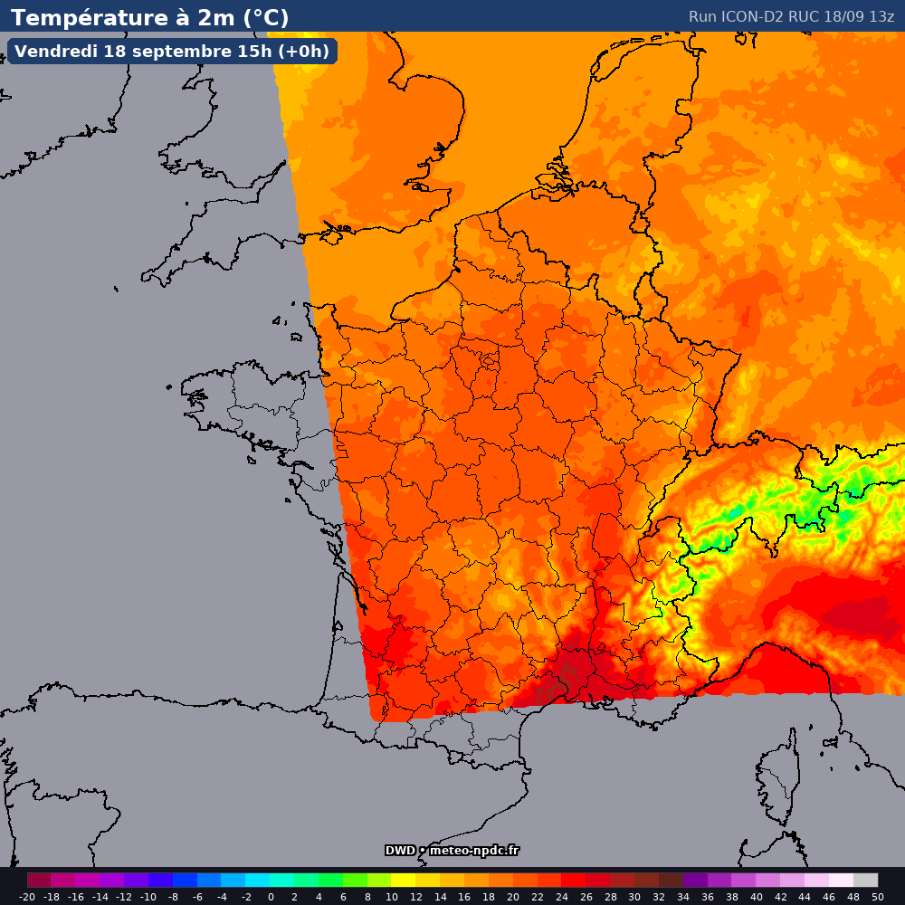 Carte de prévision météo du modèle ICON D2 Rapid Update Cycle (RUC) (2.5 km) - Température, précipitations, vent - DWD