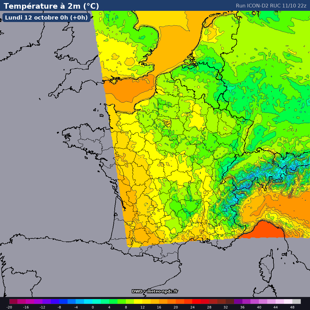 Carte de prévision météo du modèle ICON D2 Rapid Update Cycle (RUC) (2.5 km) - Température, précipitations, vent - DWD