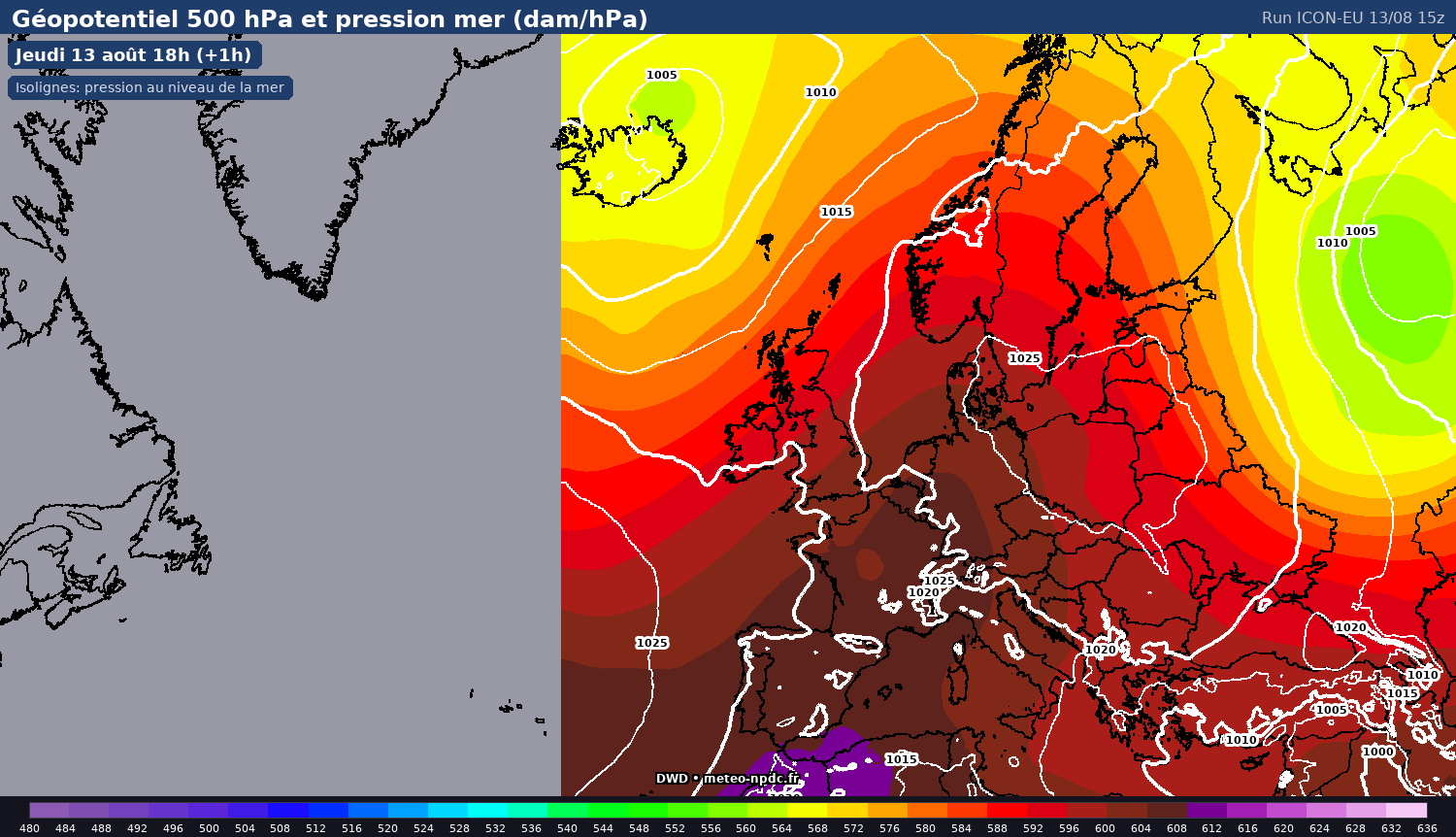 Carte de prévision météo du modèle ICON-EU (7 km) - Température, précipitations, vent - DWD