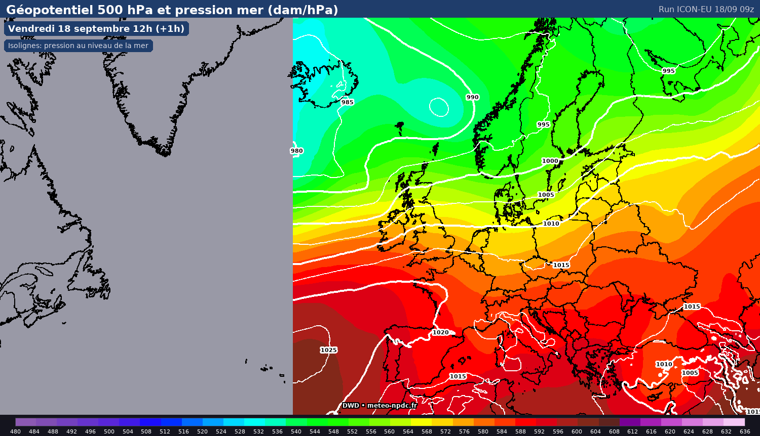 Carte de prévision météo du modèle ICON-EU (7 km) - Température, précipitations, vent - DWD