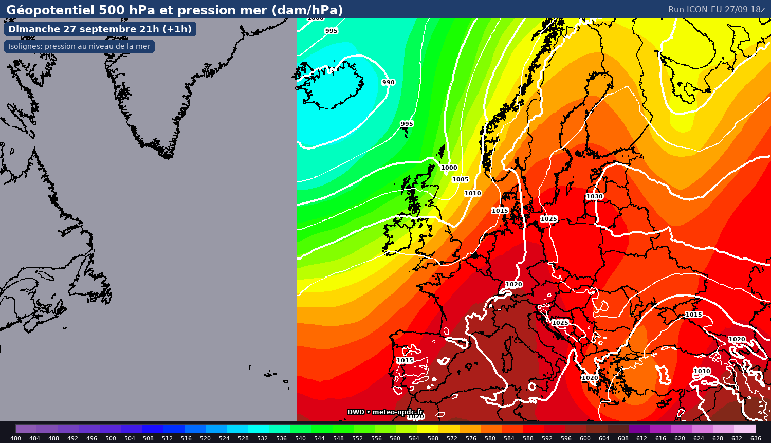 Carte de prévision météo du modèle ICON-EU (7 km) - Température, précipitations, vent - DWD