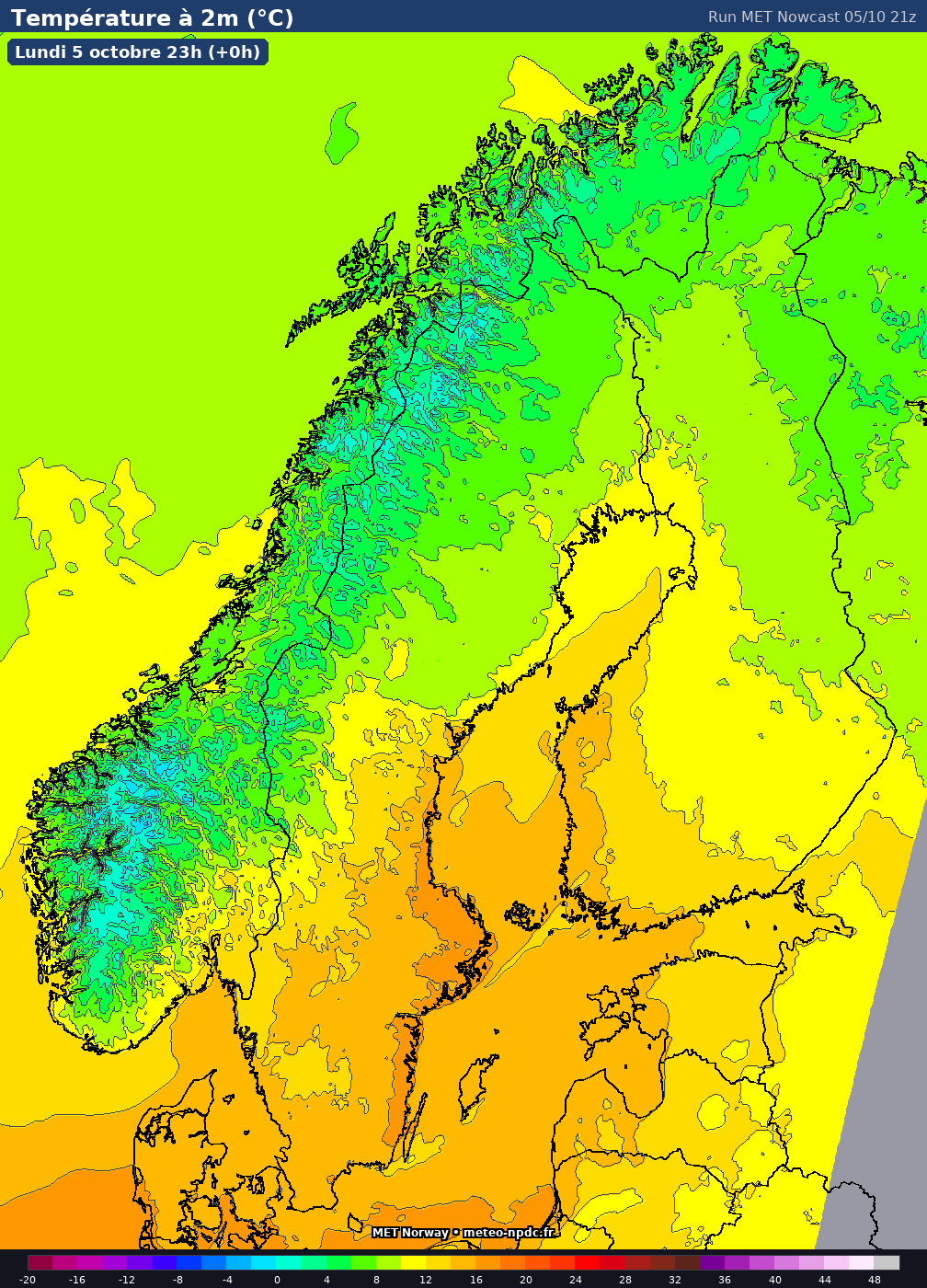 Carte de prévision météo du modèle MET Nowcast (2.5 km) - Température, précipitations, vent - MET Norway
