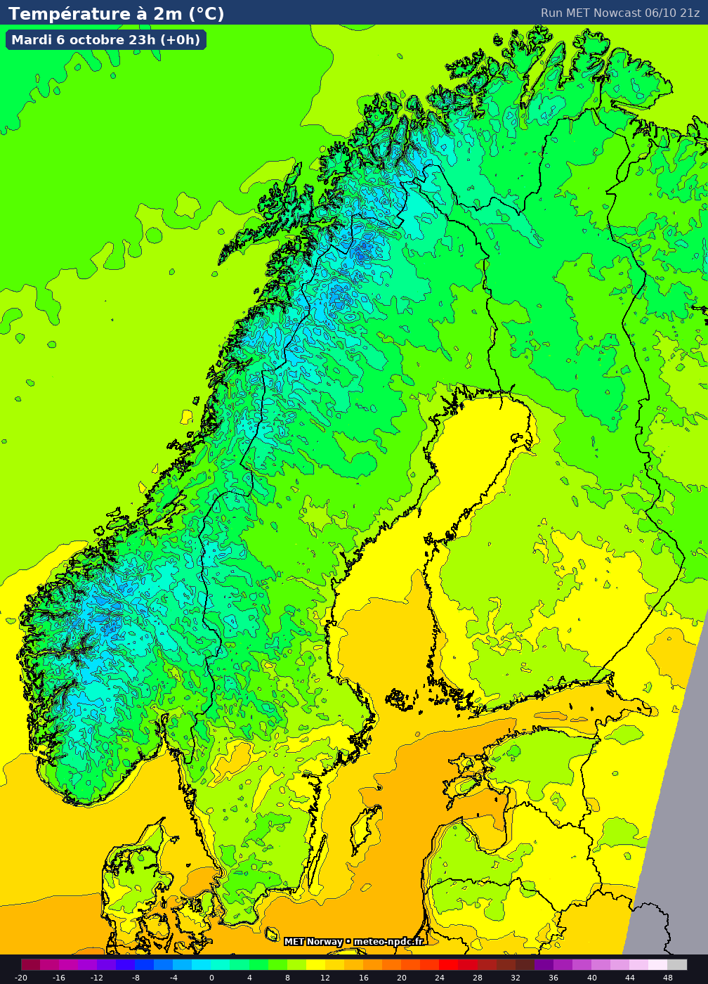 Carte de prévision météo du modèle MET Nowcast (2.5 km) - Température, précipitations, vent - MET Norway