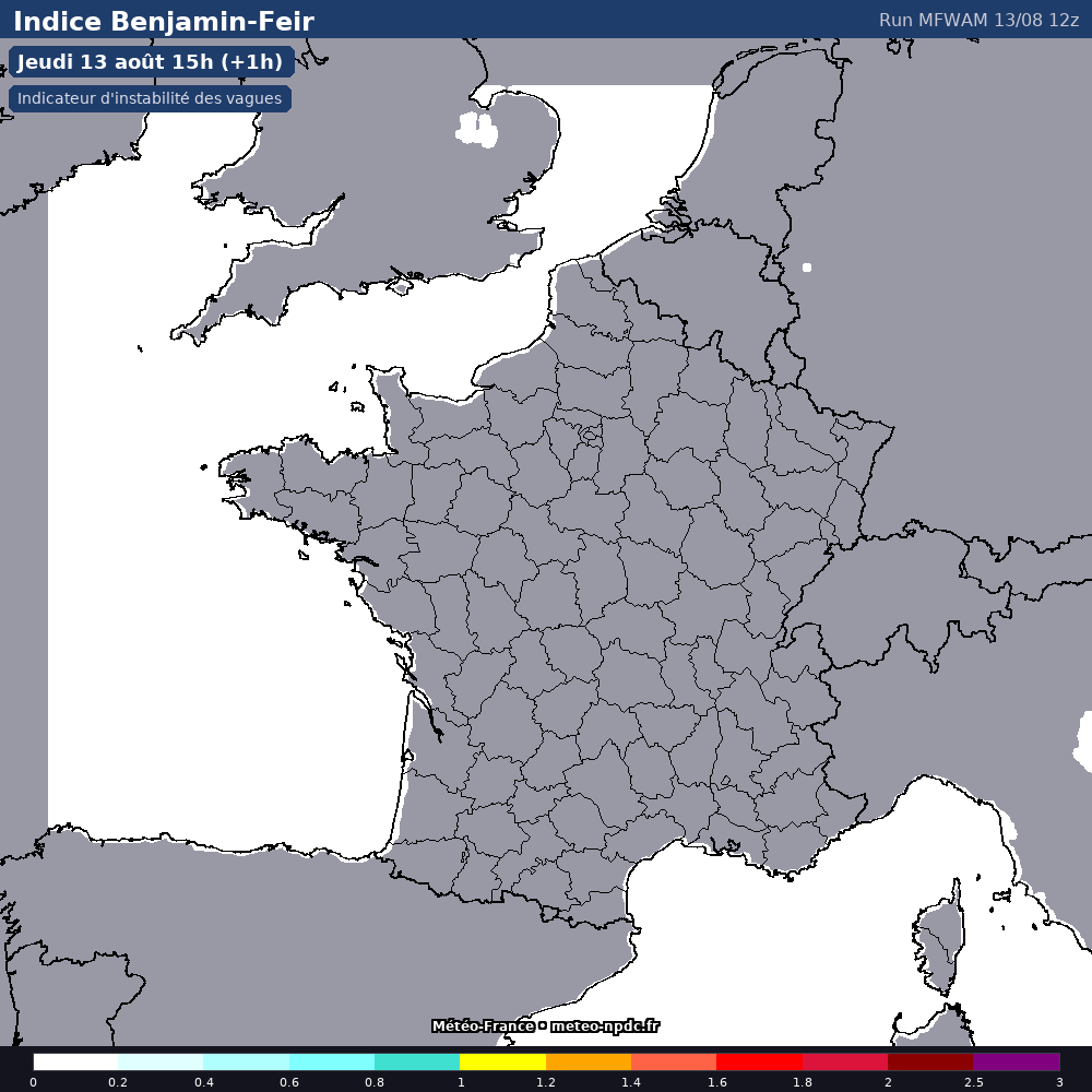 Carte de prévision météo du modèle MFWAM (0.025°) - Température, précipitations, vent - Météo-France