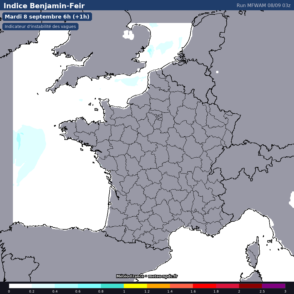 Carte de prévision météo du modèle MFWAM (0.025°) - Température, précipitations, vent - Météo-France