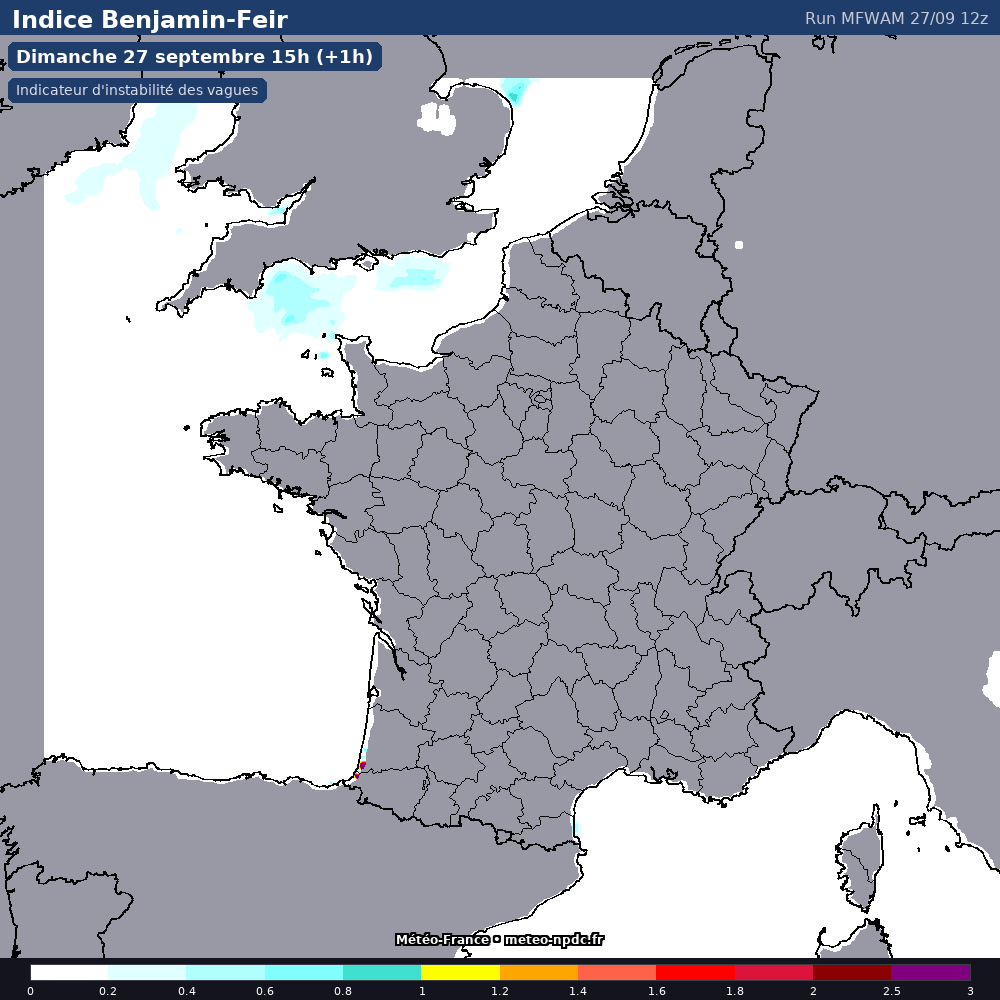 Carte de prévision météo du modèle MFWAM (0.025°) - Température, précipitations, vent - Météo-France