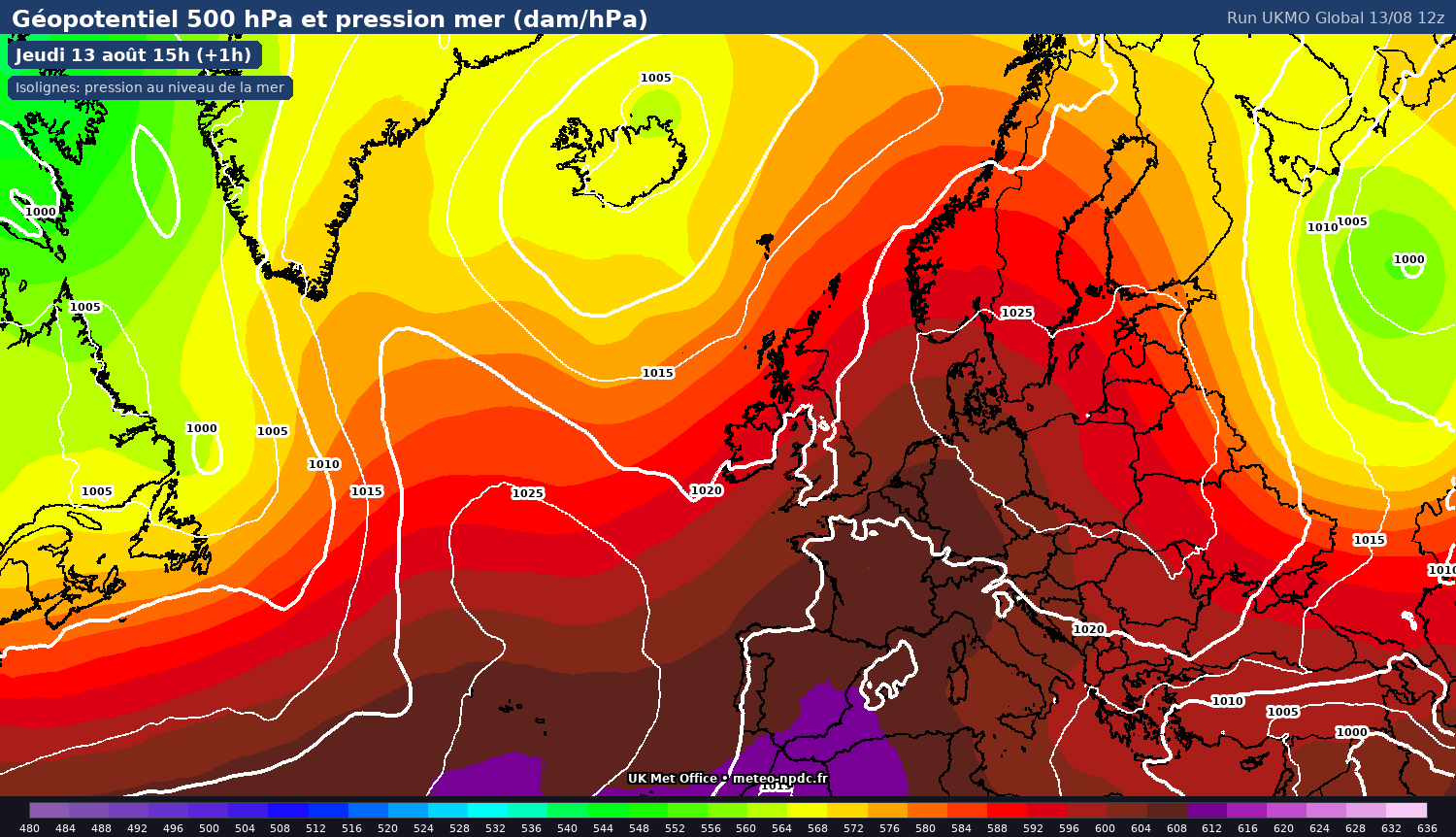 Carte de prévision météo du modèle UKMO Global (10 km) - Température, précipitations, vent - Met Office