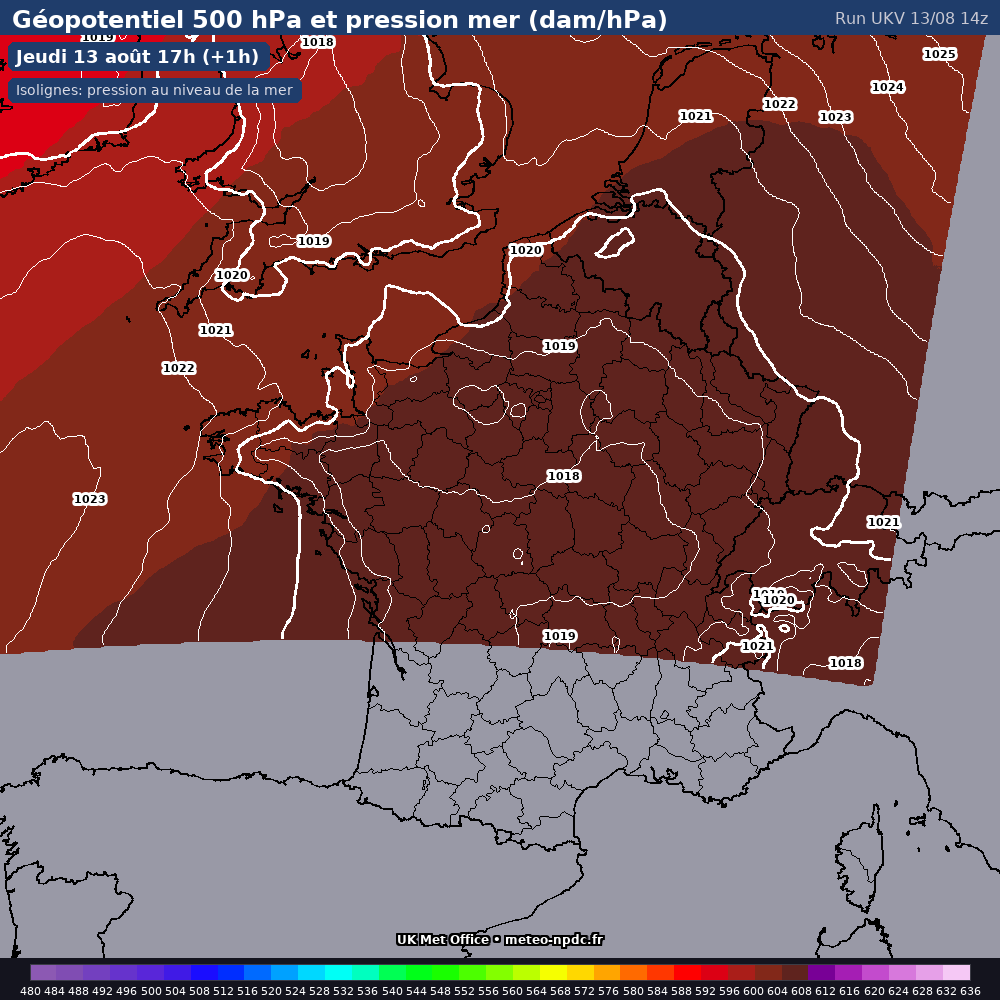 Carte de prévision météo du modèle UKV Nowcast (2 km) - Température, précipitations, vent - Met Office