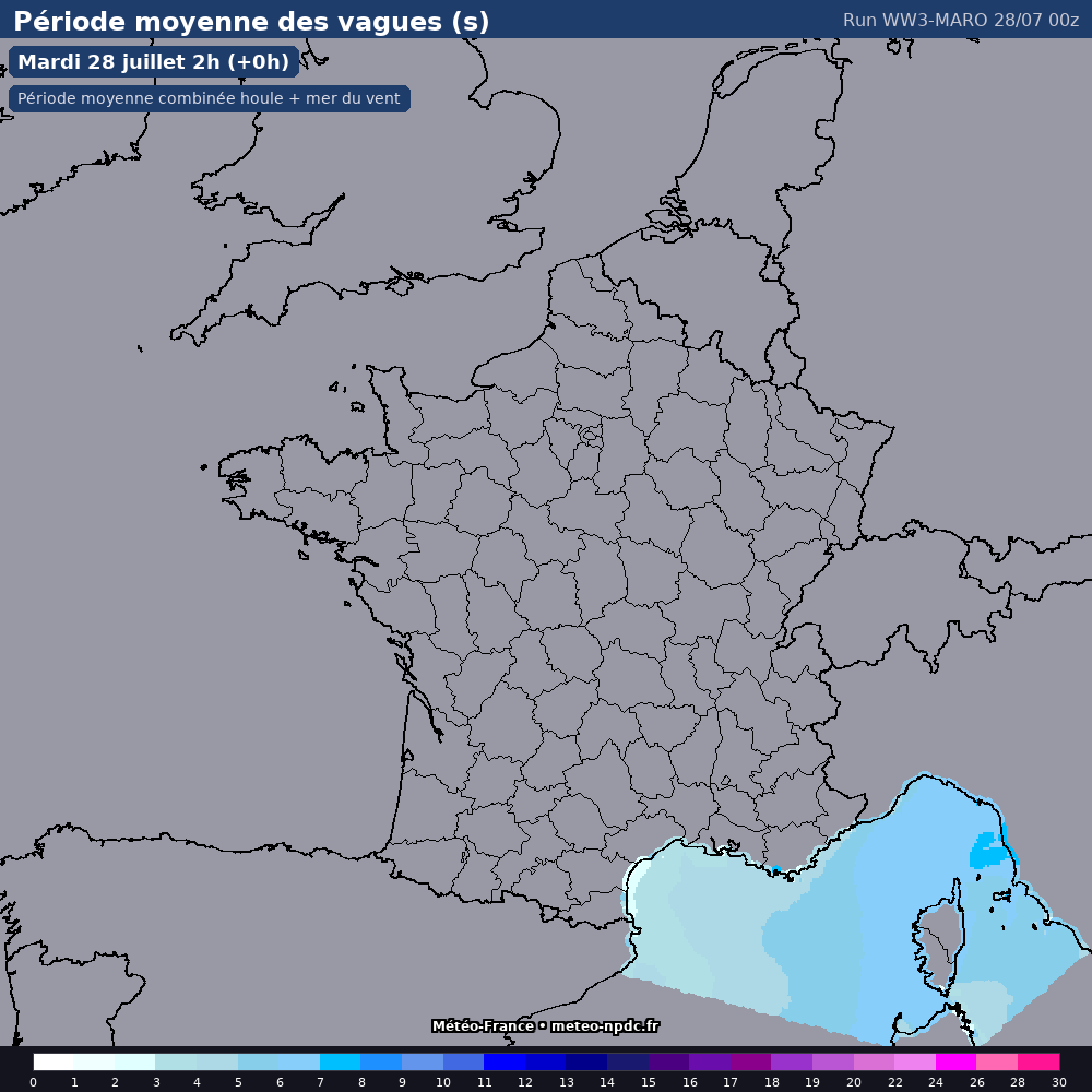 Carte de prévision météo du modèle WW3-MARO (côtier) - Température, précipitations, vent - Météo-France