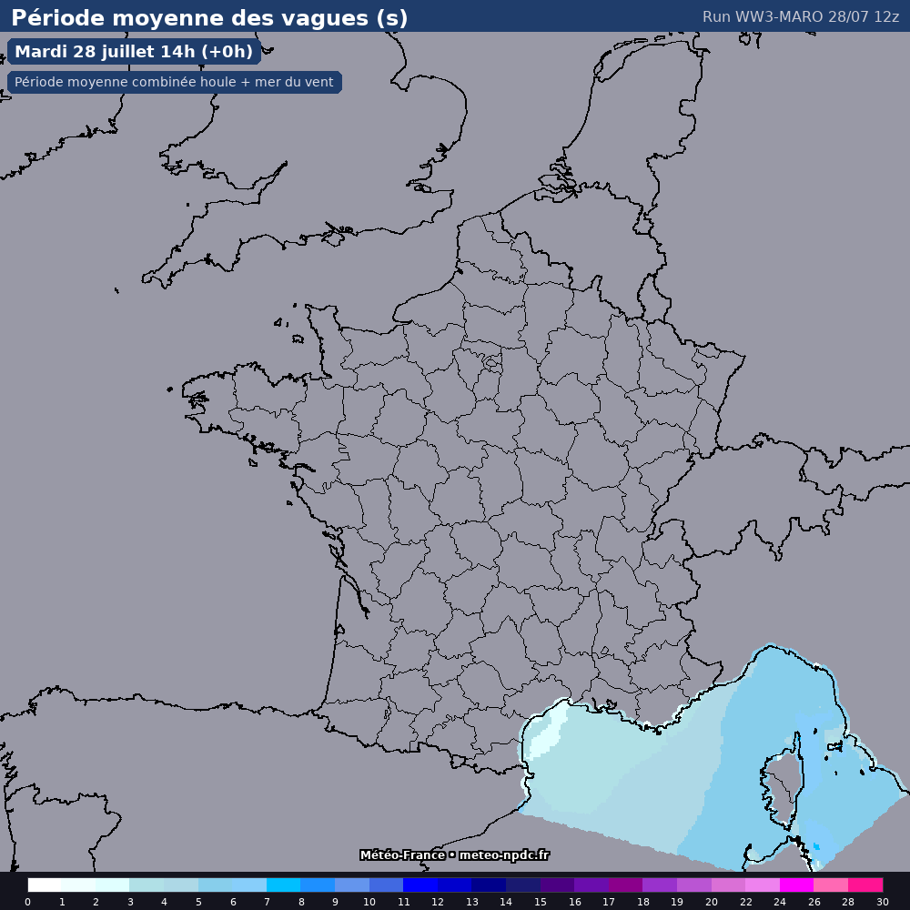 Carte de prévision météo du modèle WW3-MARO (côtier) - Température, précipitations, vent - Météo-France