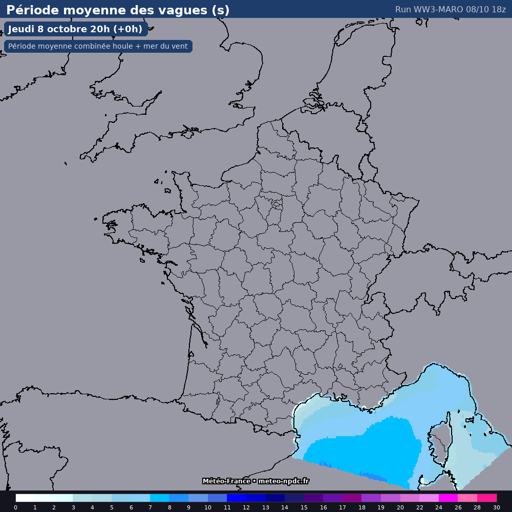 Carte de prévision météo du modèle WW3-MARO (côtier) - Température, précipitations, vent - Météo-France