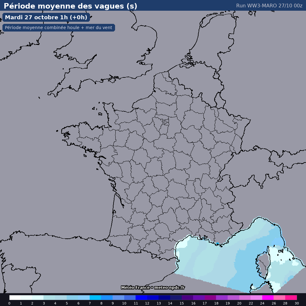 Carte de prévision météo du modèle WW3-MARO (côtier) - Température, précipitations, vent - Météo-France