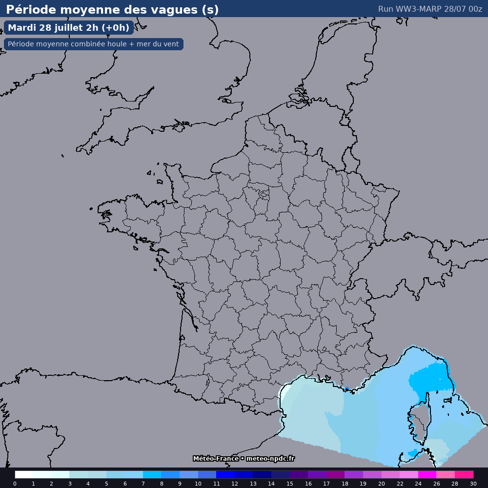 Carte de prévision météo du modèle WW3-MARP (côtier) - Température, précipitations, vent - Météo-France