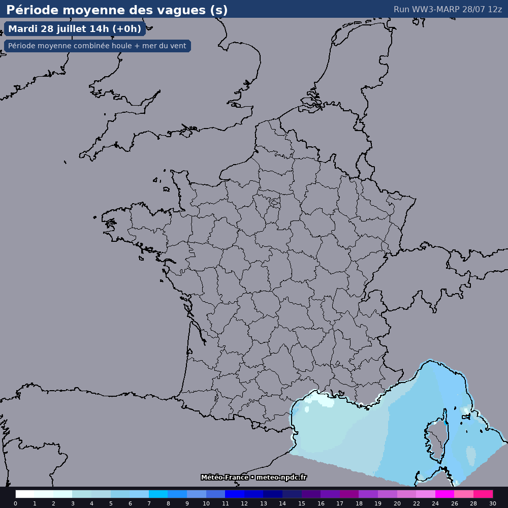 Carte de prévision météo du modèle WW3-MARP (côtier) - Température, précipitations, vent - Météo-France