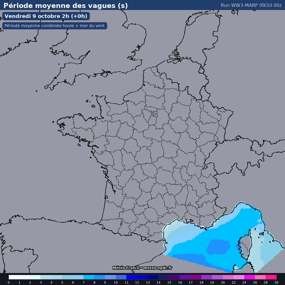 Carte de prévision météo du modèle WW3-MARP (côtier) - Température, précipitations, vent - Météo-France