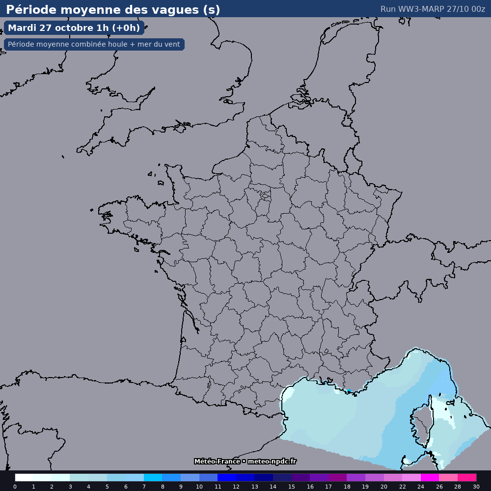 Carte de prévision météo du modèle WW3-MARP (côtier) - Température, précipitations, vent - Météo-France