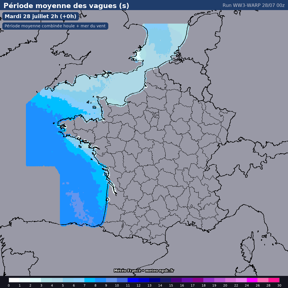 Carte de prévision météo du modèle WW3-WARP (côtier) - Température, précipitations, vent - Météo-France
